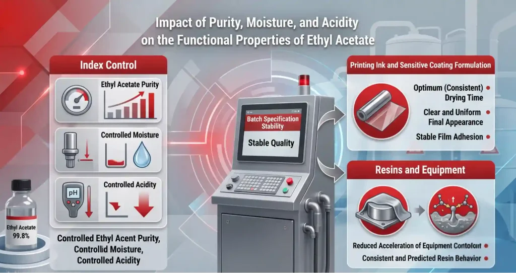 Impact of purity, moisture, and acidity on the functional performance and batch stability of ethyl acetate